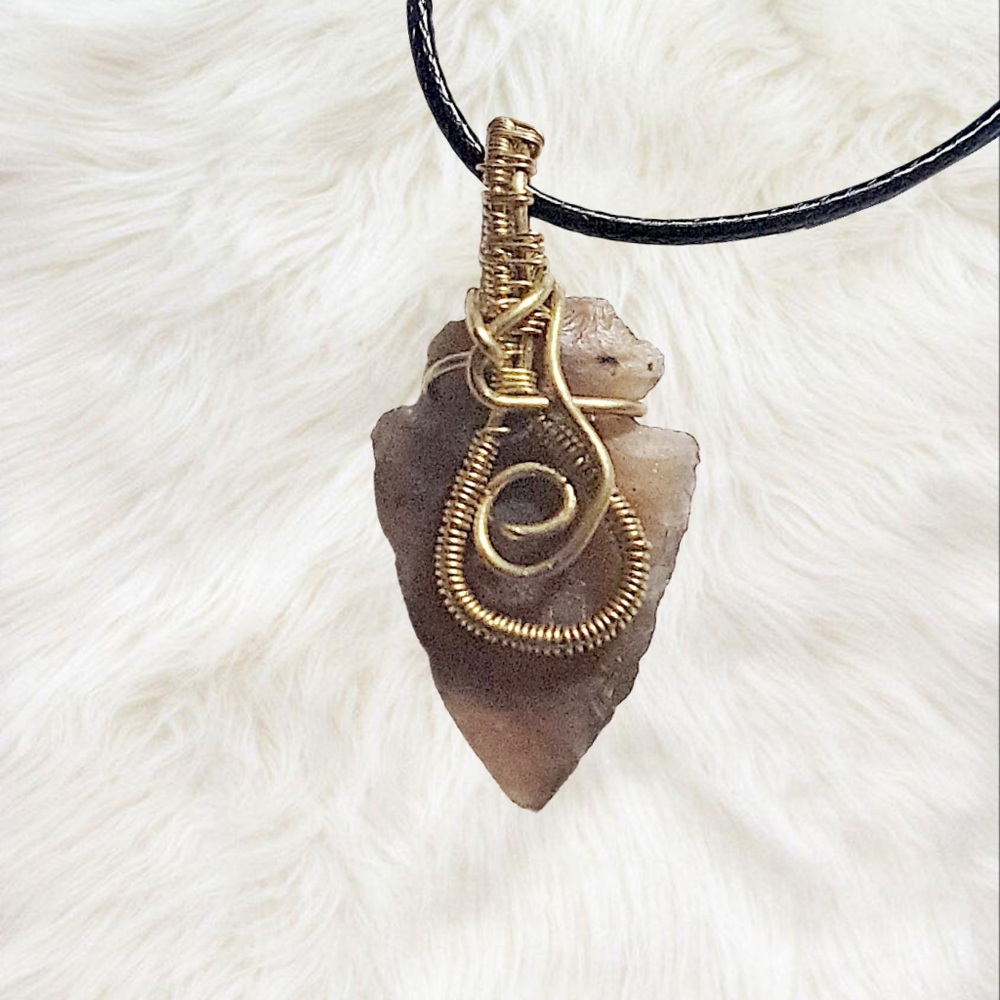 Natural Stone Hand-Wired Obsidian Arrowhead Arrowhead w/ Black Cord Necklace.
